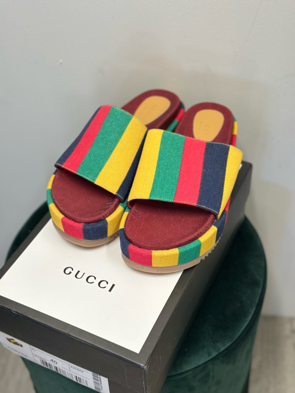 Gucci | Multicolor Striped Canvas Slides in Red, Yellow, Green, Navy